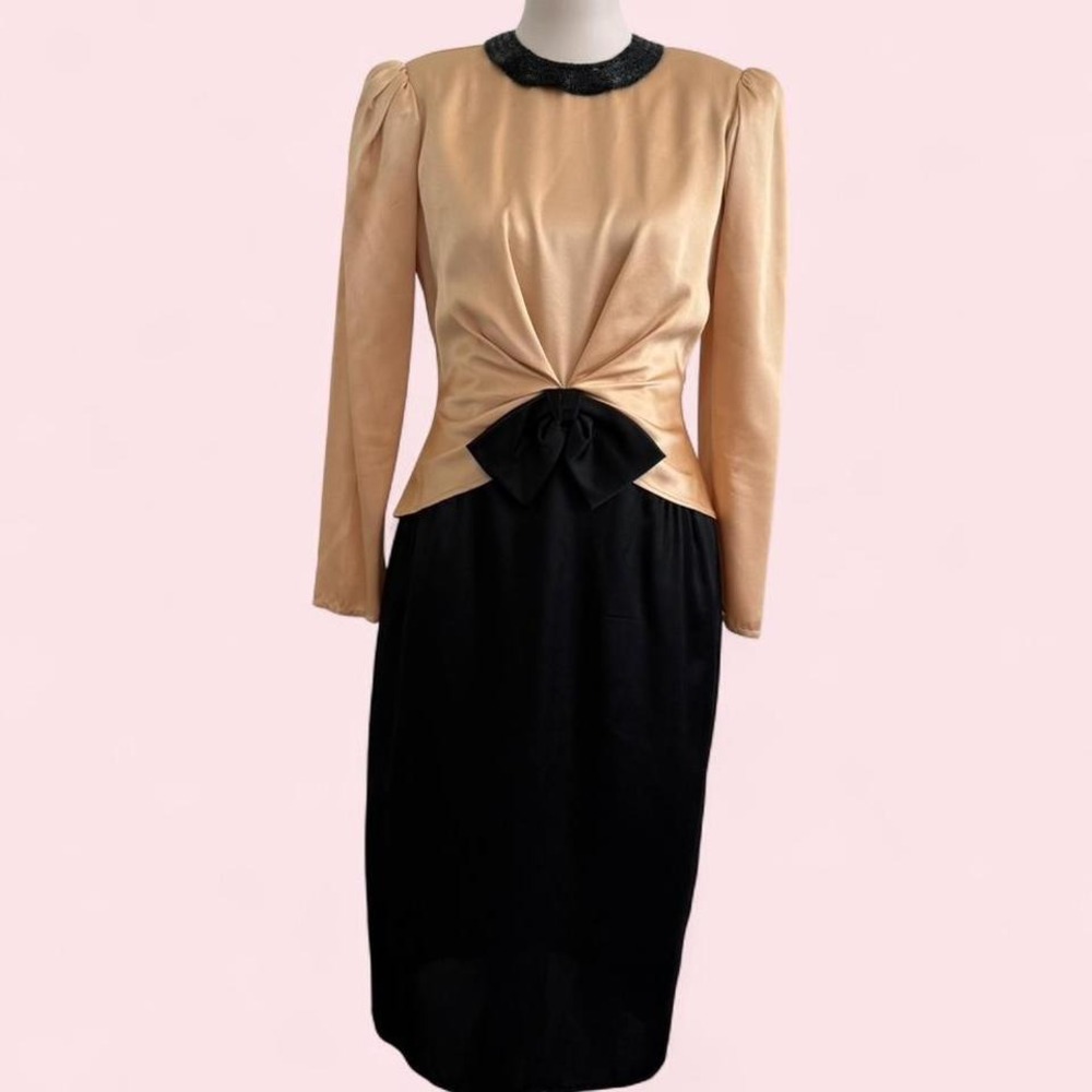 Vintage Black & Gold Satin Beaded Collar Dress with Bow Detail — Size S